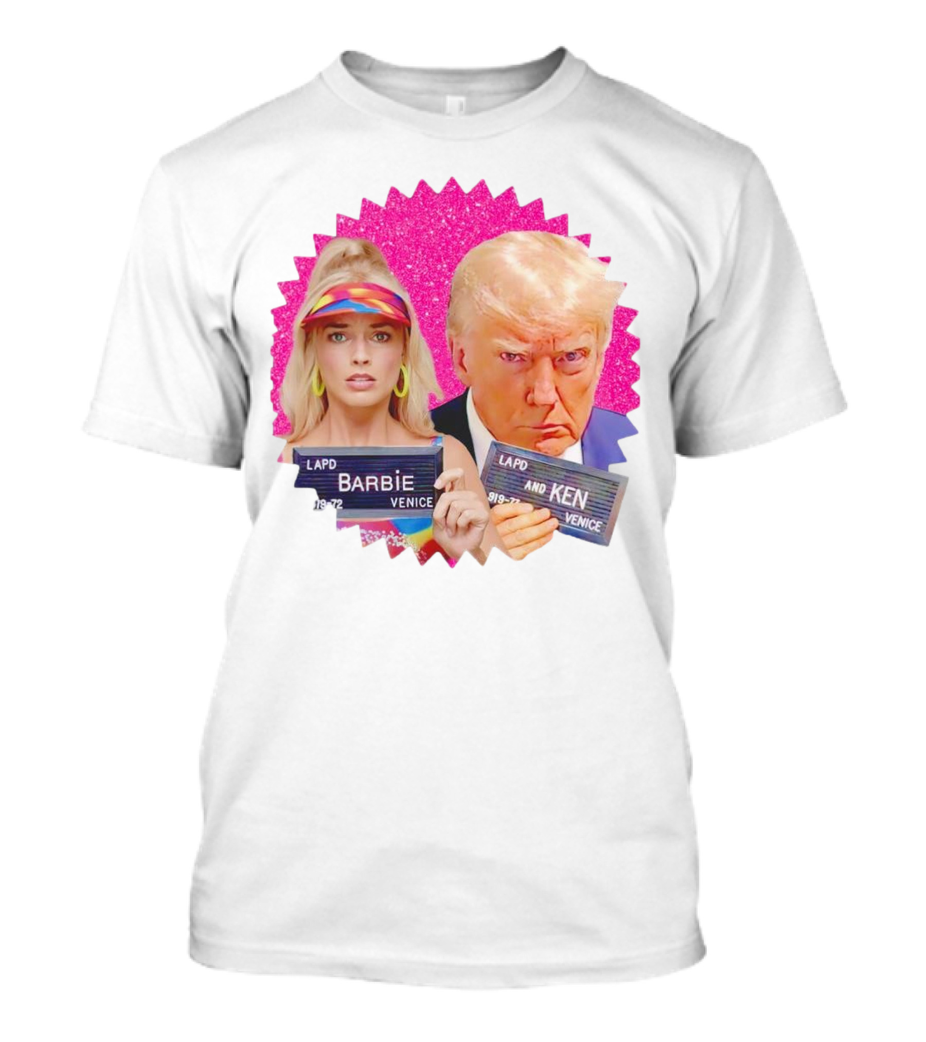 LAPD Barbie Ken Mugshot Venice Glam Glitter Background T-Shirt