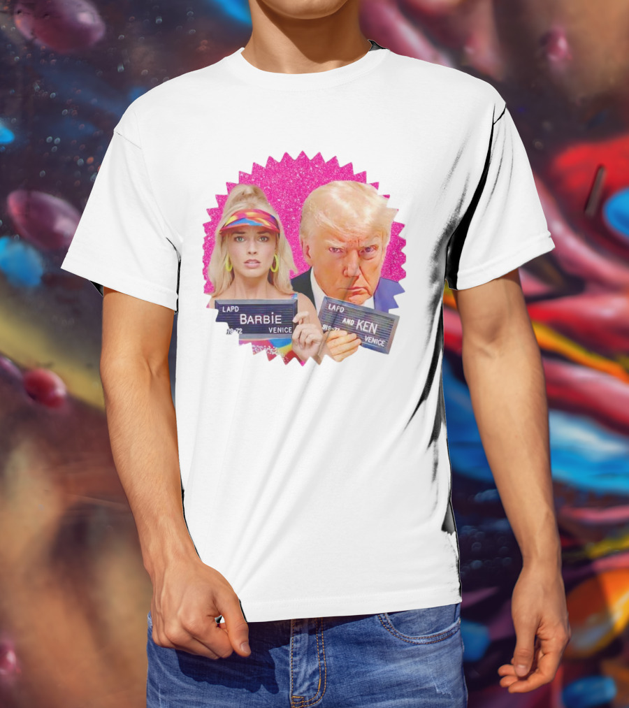 LAPD Barbie Ken Mugshot Venice Glam Glitter Background T-Shirt