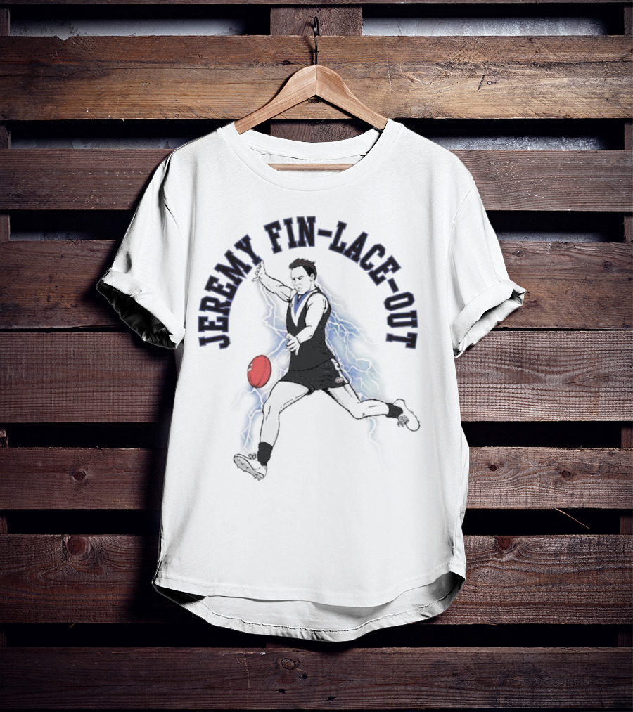 Jeremy Fin-lace-out AFL Kicking Action With Blue Lightning And Red Football T-Shirt