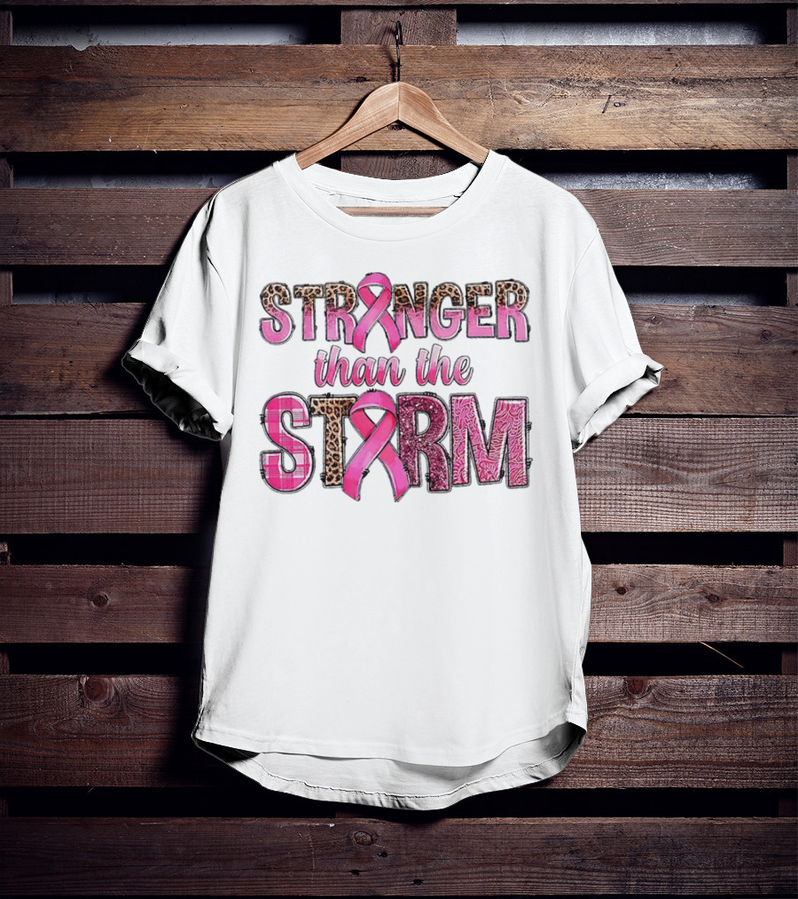 Stronger Than The Storm Breast Cancer Awareness Pink Ribbon Leopard Zebra Print T-Shirt