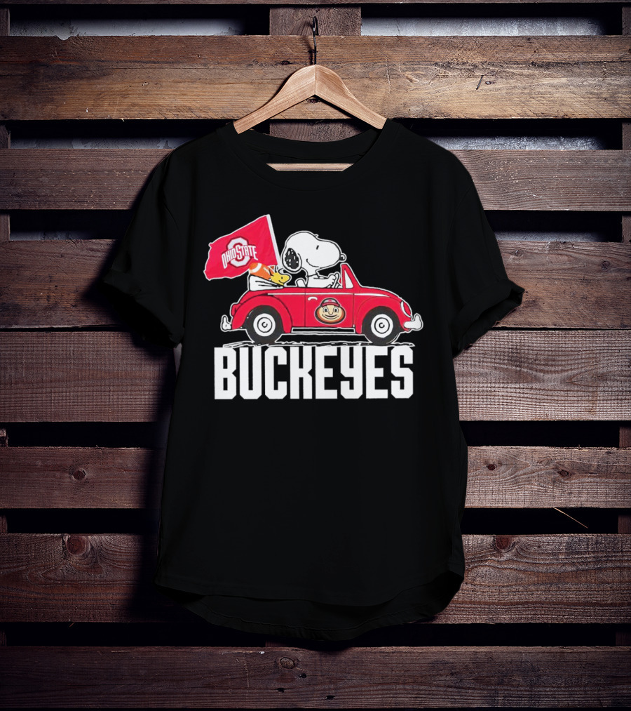 Snoopy And Woodstock Driving Red Car With Ohio State Buckeyes Flag T-Shirt