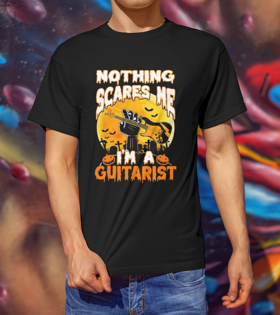 Nothing Scares Me I'm A Guitarist Music Vintage Halloween Graveyard Scene Guitar Hand Pumpkins Bats T-Shirt