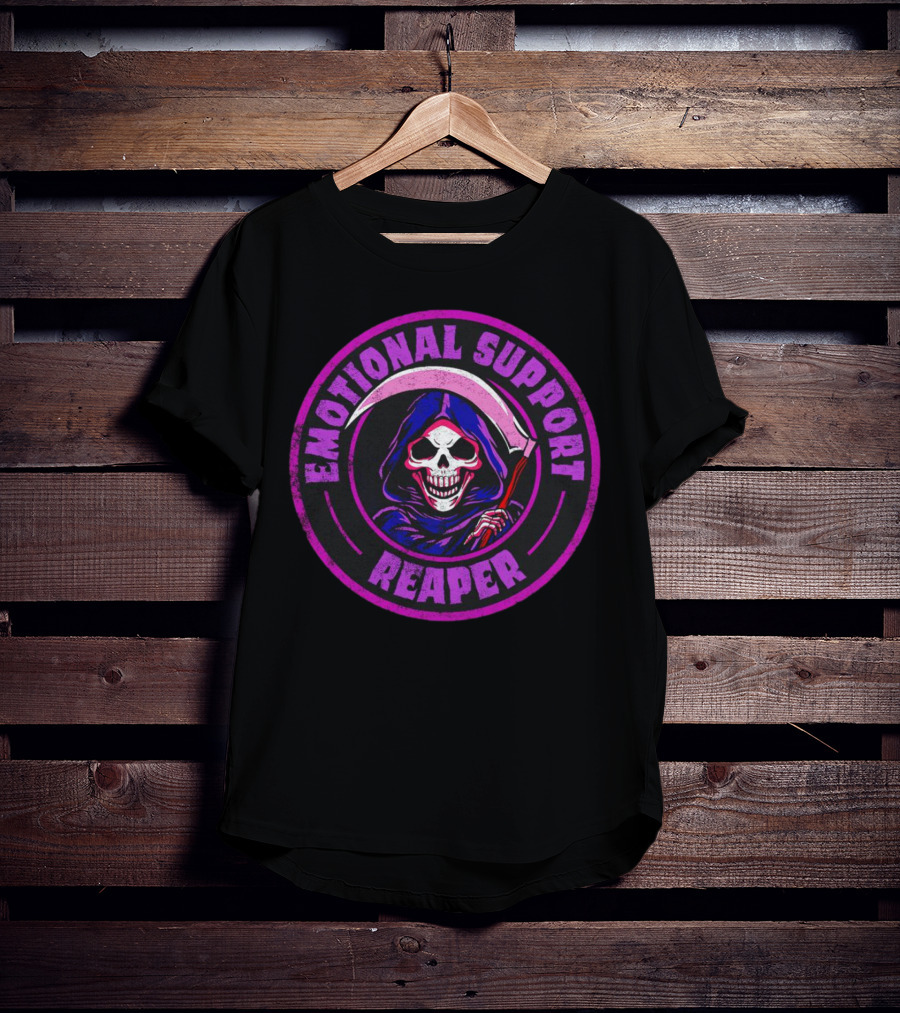 Emotional Support Reaper Skeleton With Scythe In Purple Hood T-Shirt