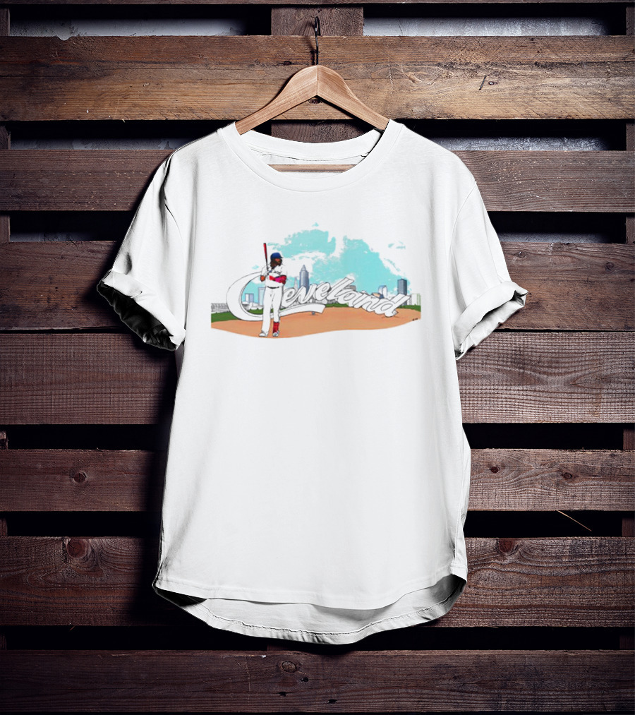 Cleveland Skyline Baseball Player With Bat And Clouds T-Shirt