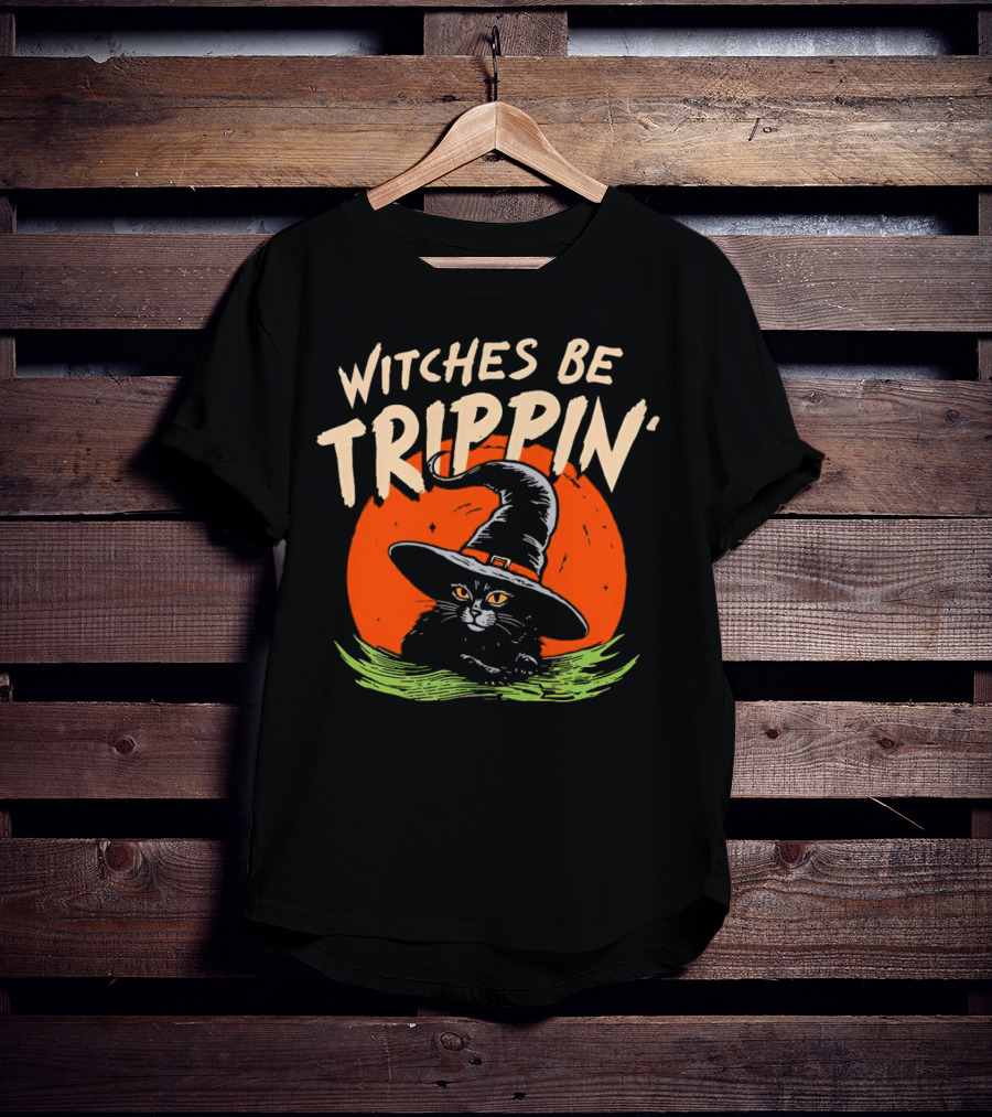 Witches Be Trippin’ Cat With Witch Hat And Red Moon Halloween T-Shirt