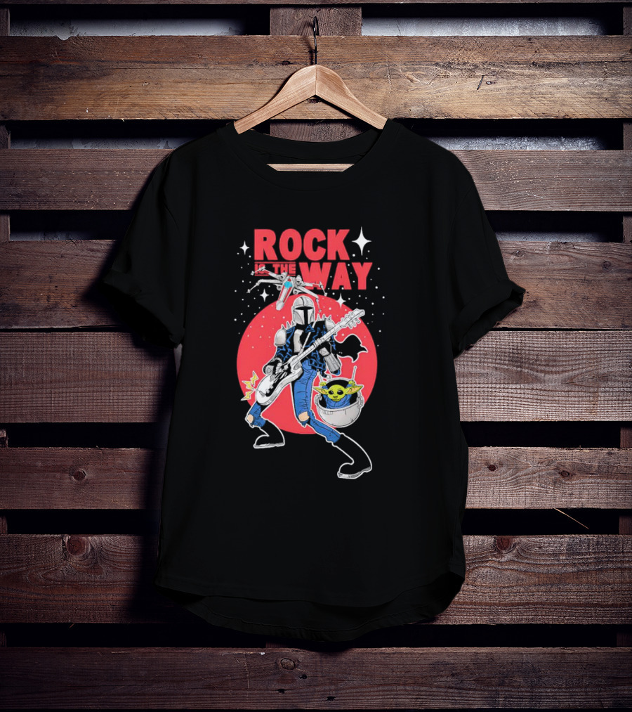 Rock Is The Way Din Djarin And Grogu Playing Guitar In Front Of Red Moon T-Shirt