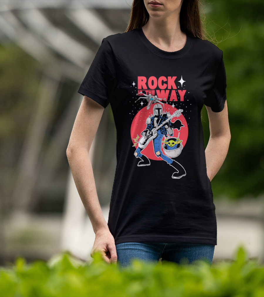 Rock Is The Way Din Djarin And Grogu Playing Guitar In Front Of Red Moon T-Shirt