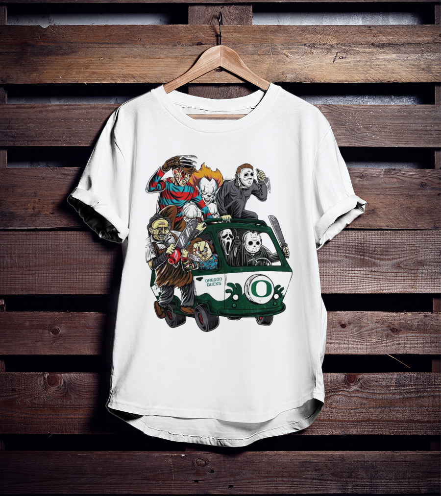 Oregon Ducks Horror Characters Bus Halloween Freddy Jason Michael Myers Pennywise Mask T-Shirt