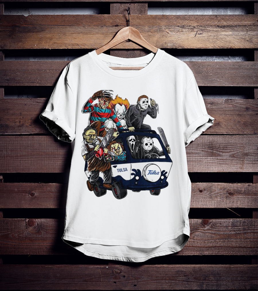 Tulsa Golden Hurricane Halloween Horror Characters Bus T-Shirt