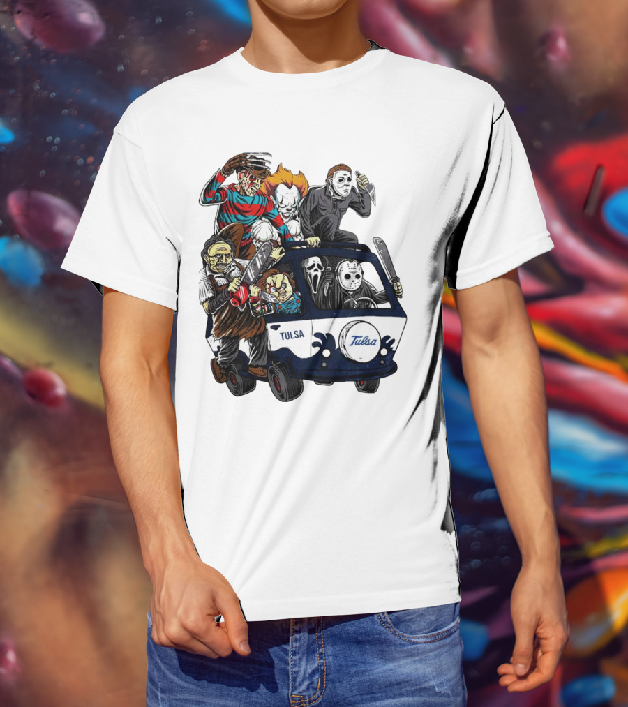 Tulsa Golden Hurricane Halloween Horror Characters Bus T-Shirt