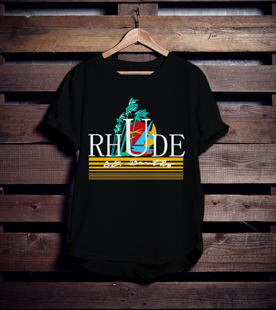 Rhude St Barths Vibrant Tropical Sailboat And Palm Trees T-Shirt