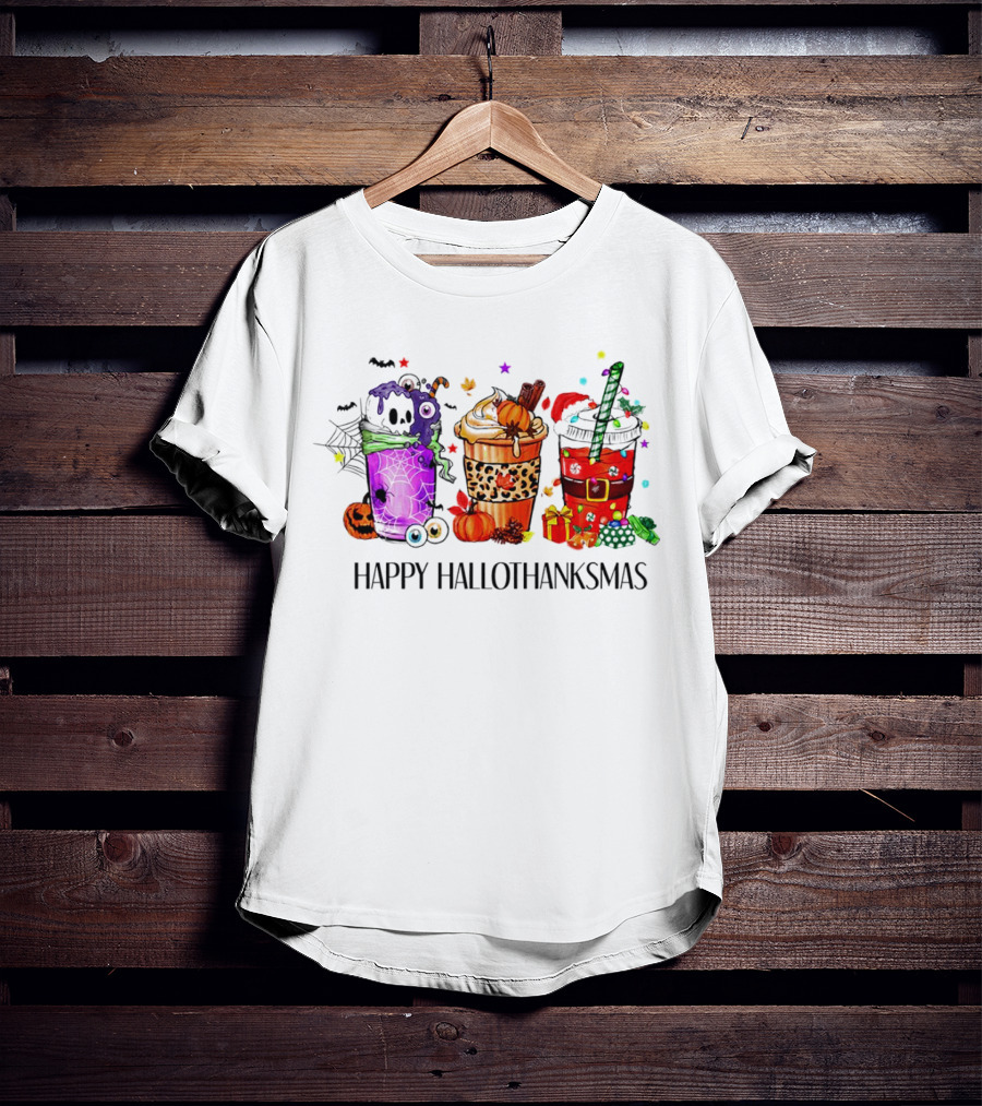 Happy Hallothanksmas With Spooky Fall And Festive Latte Trio T-Shirt