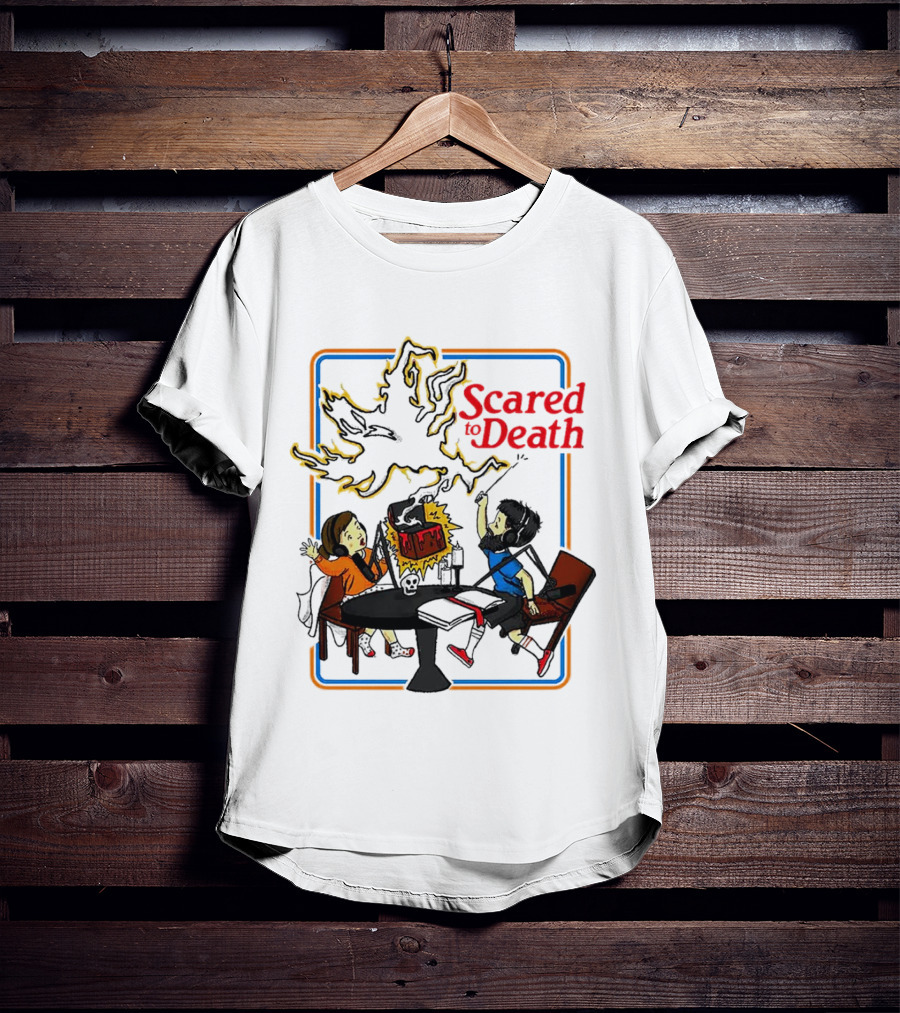 Scared To Death Podcast Horror Theme Two Hosts With Headphones Ghostly Flames T-Shirt