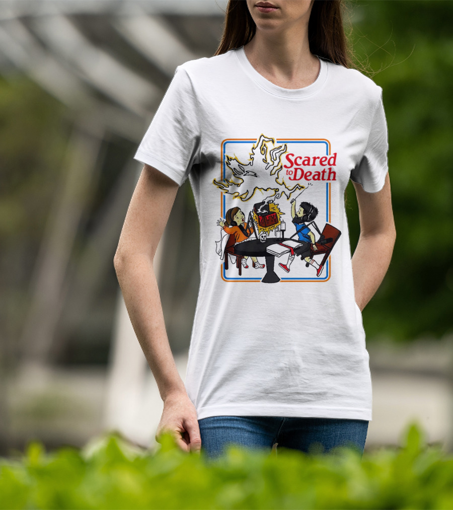 Scared To Death Podcast Horror Theme Two Hosts With Headphones Ghostly Flames T-Shirt