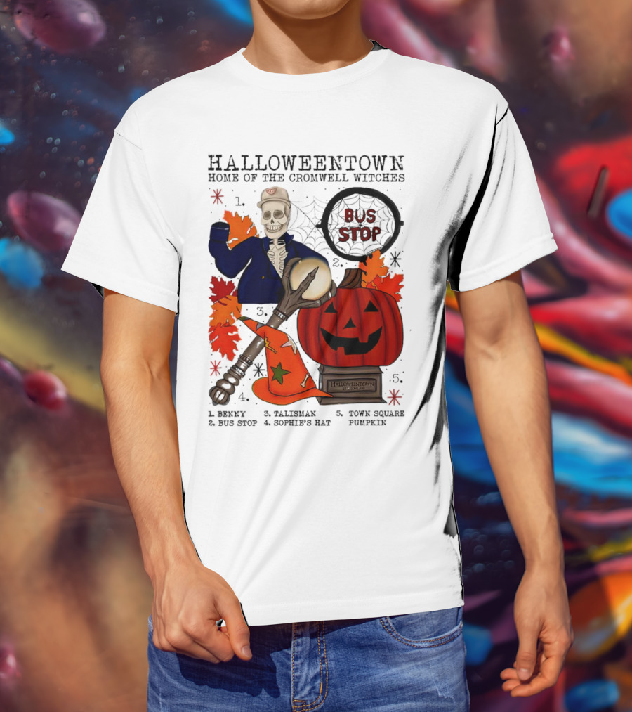 Halloweentown Home Of The Cromwell Witches Skeleton With Sophie’s Hat And Town Square Pumpkin T-Shirt