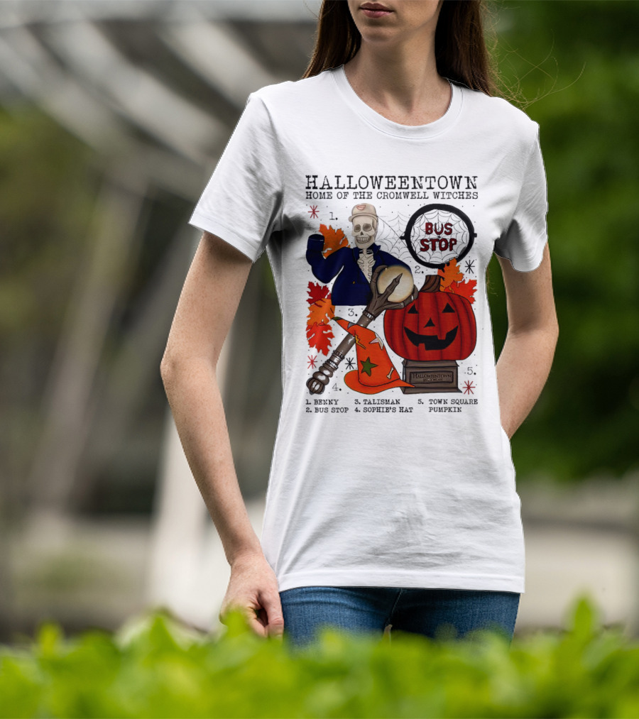 Halloweentown Home Of The Cromwell Witches Skeleton With Sophie’s Hat And Town Square Pumpkin T-Shirt