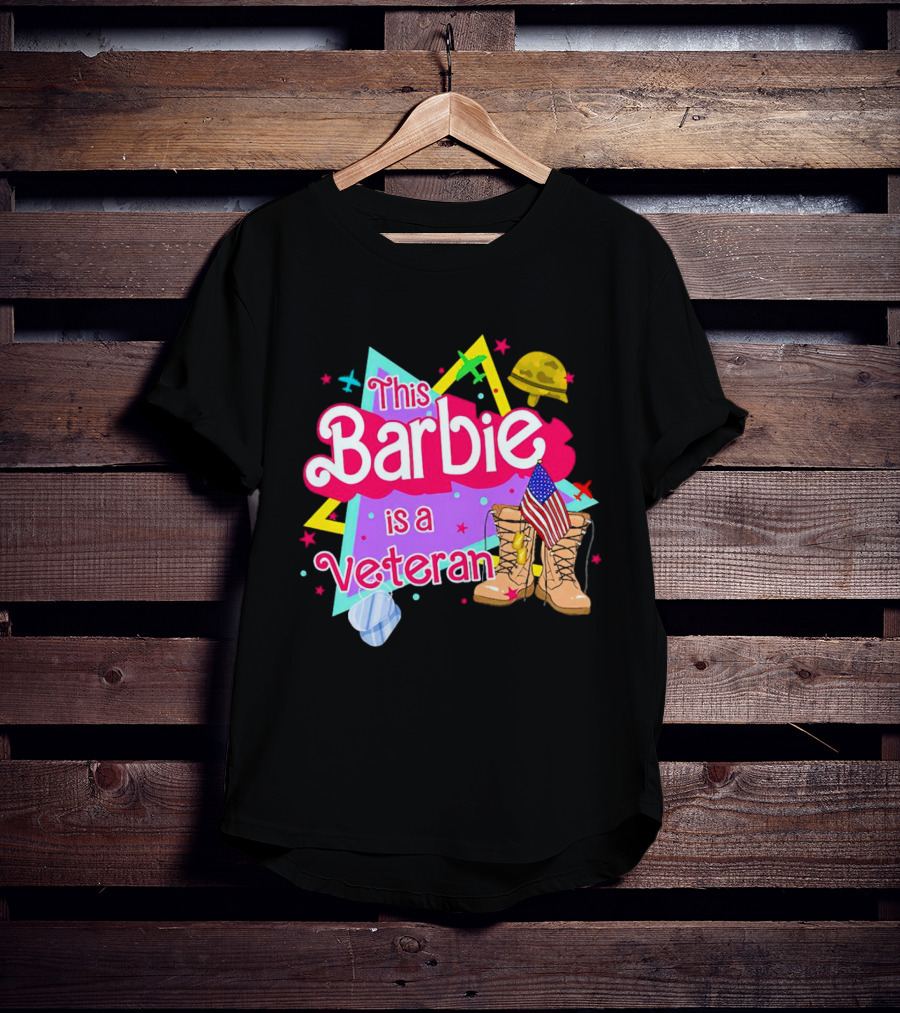 This Barbie Is A Veteran Boots American Flag Helmet Stars Background T-Shirt