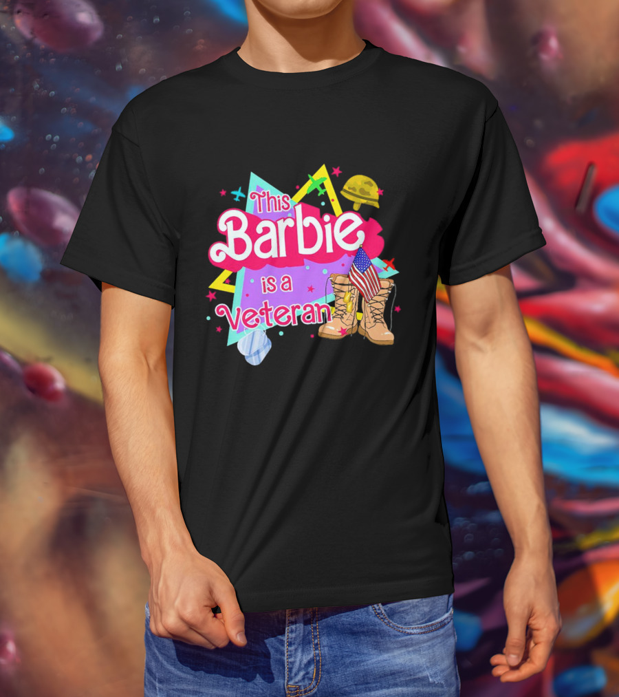This Barbie Is A Veteran Boots American Flag Helmet Stars Background T-Shirt