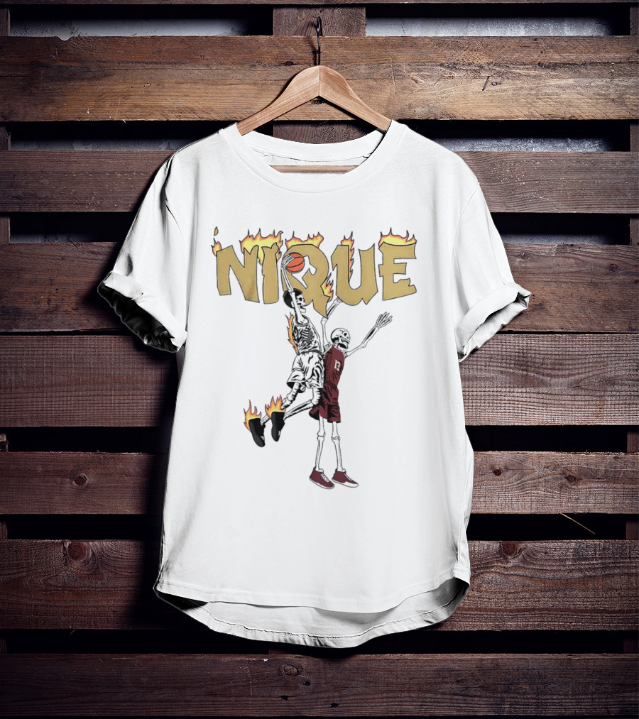 NIQUE Flaming Skeleton Dunk Basketball T-Shirt