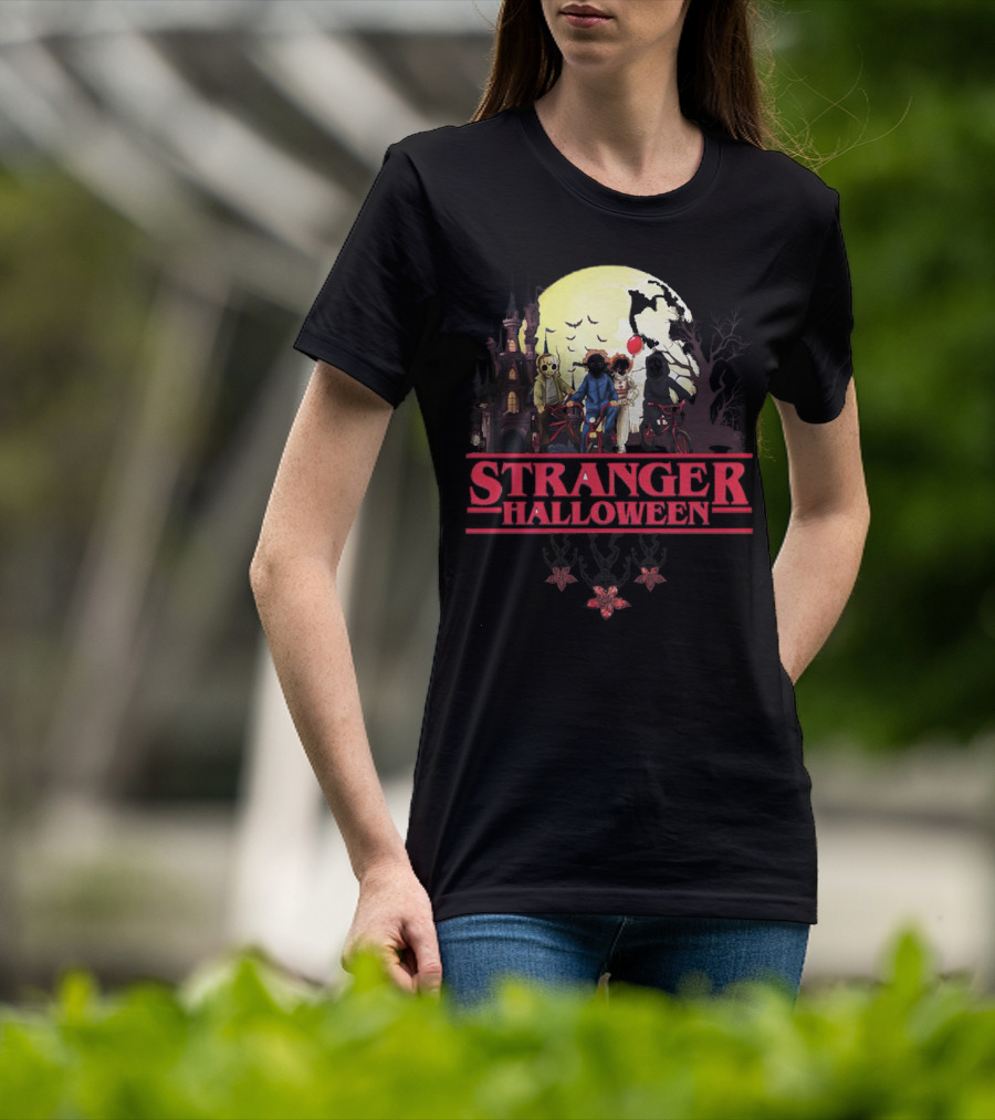Stranger Halloween Full Moon Scary Characters Horror Movie Background T-Shirt