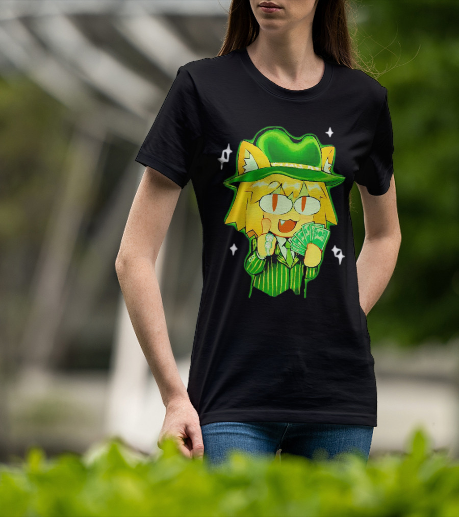 Sunny Waifu Gangster Neco-Arc Anime Cat Character With Money And Green Hat T-Shirt