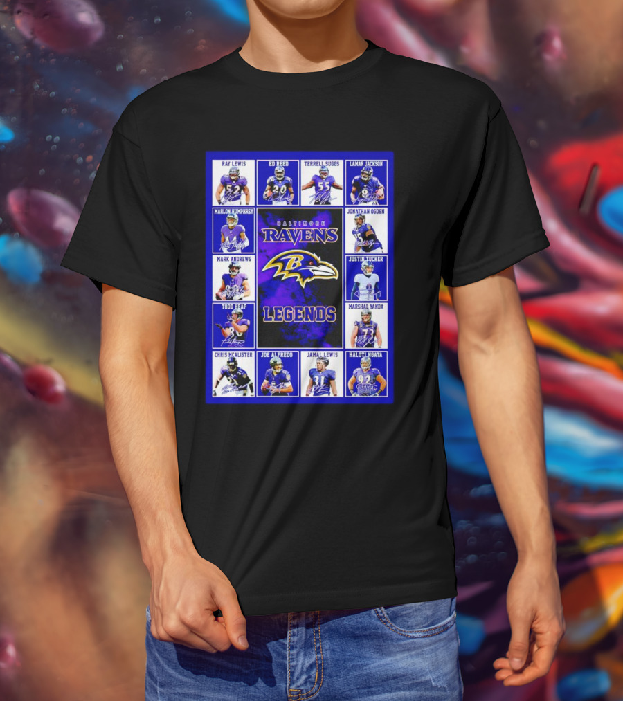Baltimore Ravens Legends Ray Lewis Ed Reed Lamar Jackson Signature Collection T-Shirt