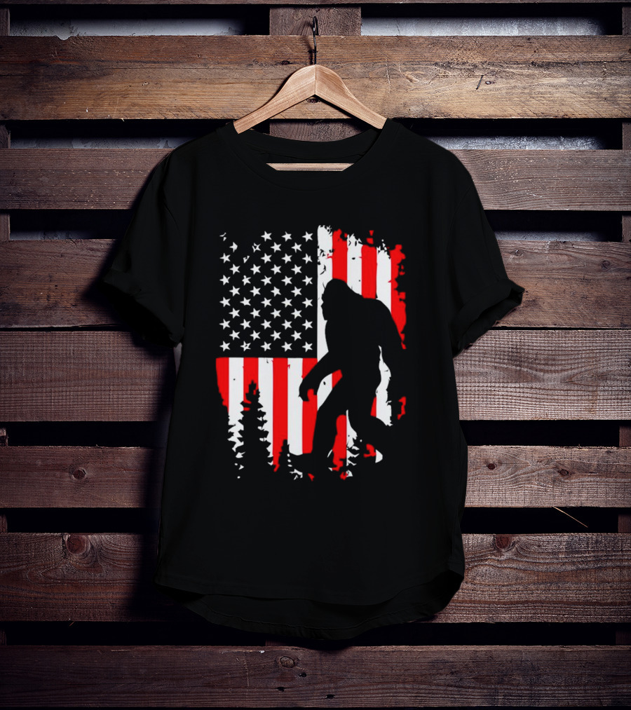 Bigfoot Silhouette With American Flag Background T-Shirt