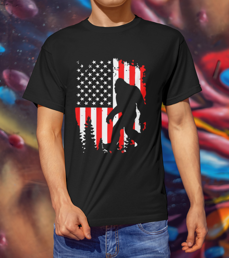 Bigfoot Silhouette With American Flag Background T-Shirt
