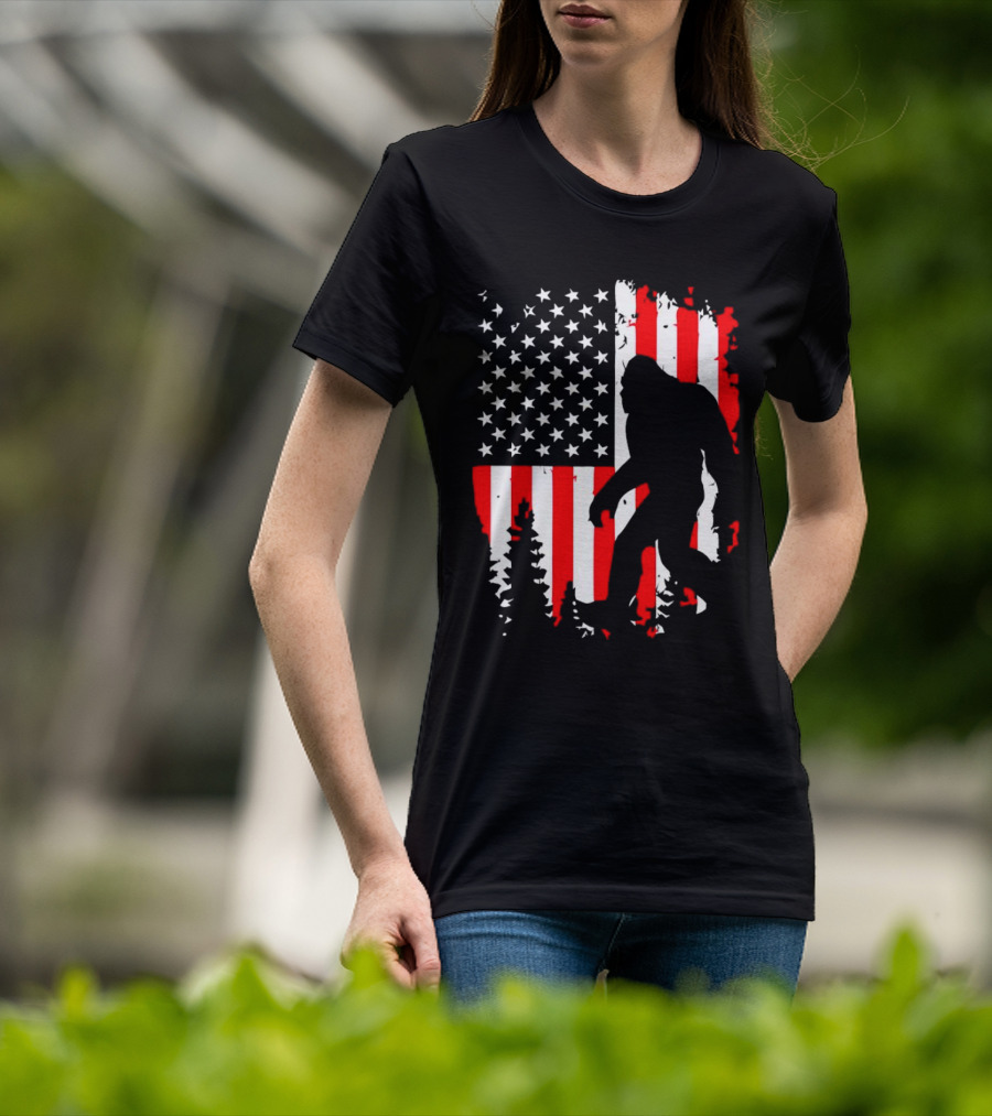 Bigfoot Silhouette With American Flag Background T-Shirt