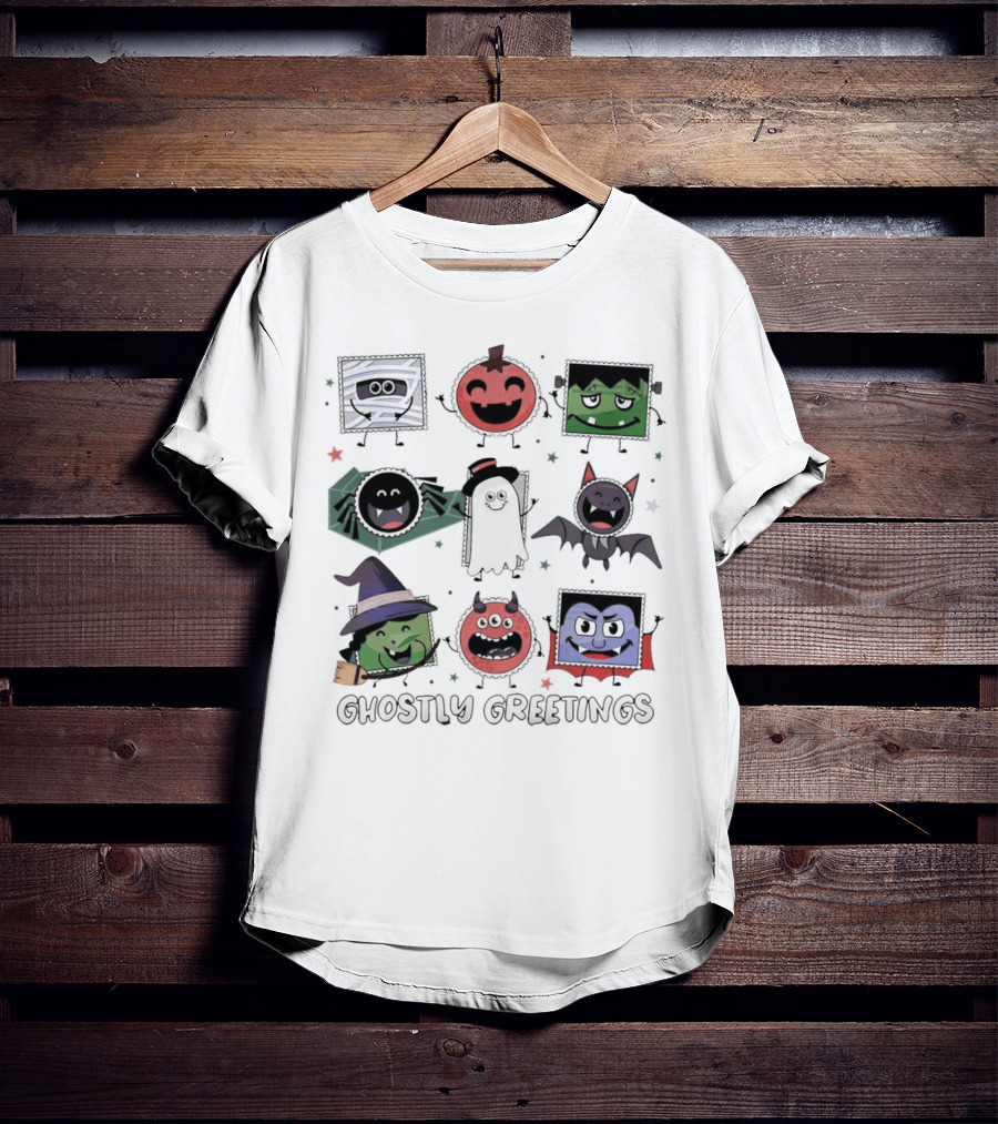 Ghostly Greetings With Halloween Monster Faces And Characters T-Shirt