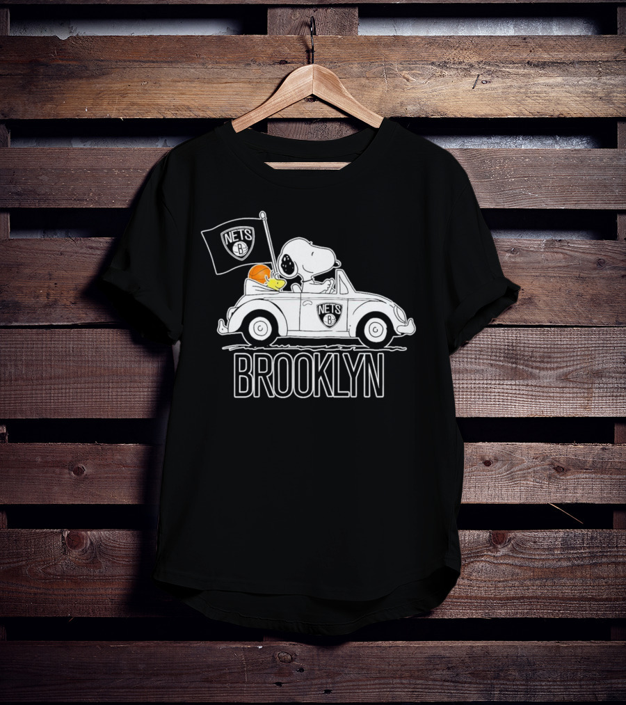 Brooklyn Nets Snoopy Driving Car With Basketball And Flag T-Shirt