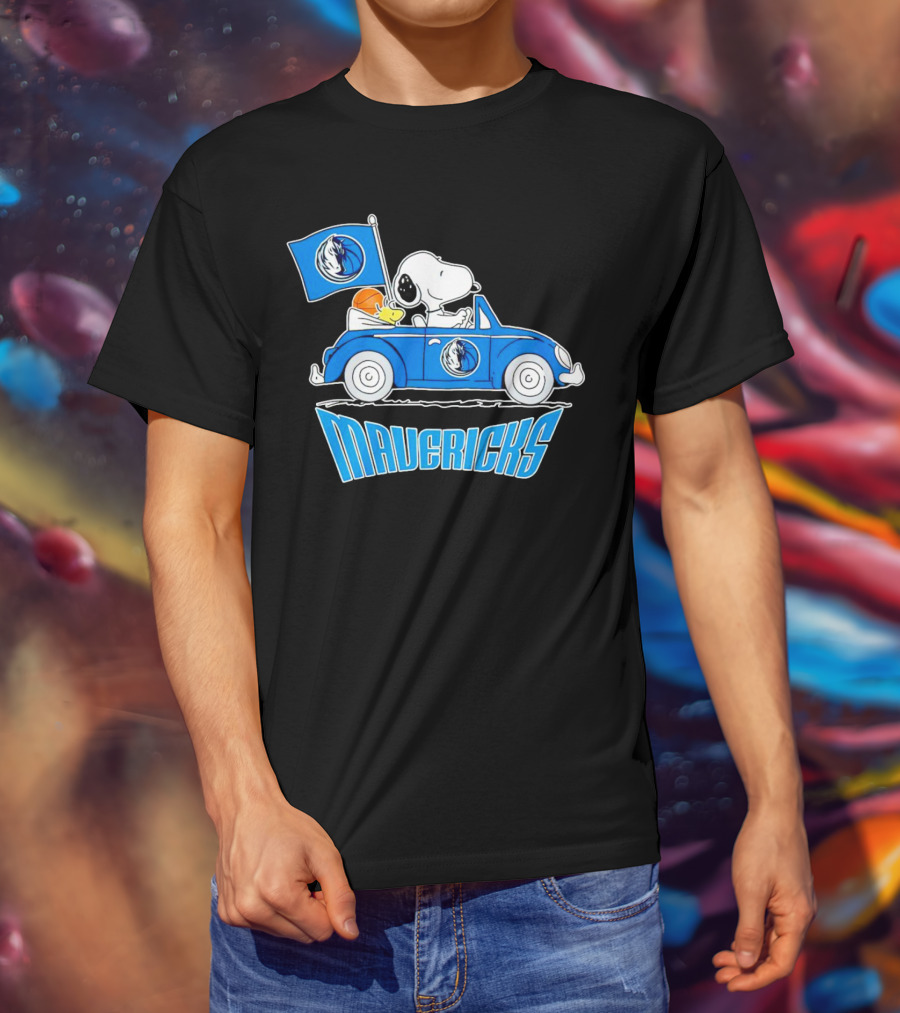 Mavericks Basketball Snoopy Driving Car With Logo Flag T-Shirt