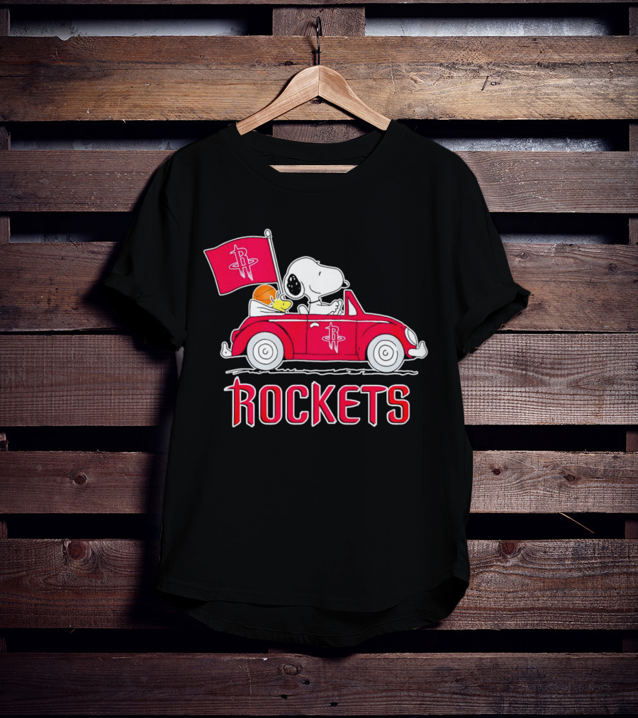 Rockets Snoopy Driving Red Car With Basketball Flag T-Shirt