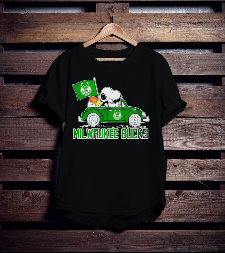 Milwaukee Bucks Snoopy Driving Car With Basketball And Team Flag T-Shirt