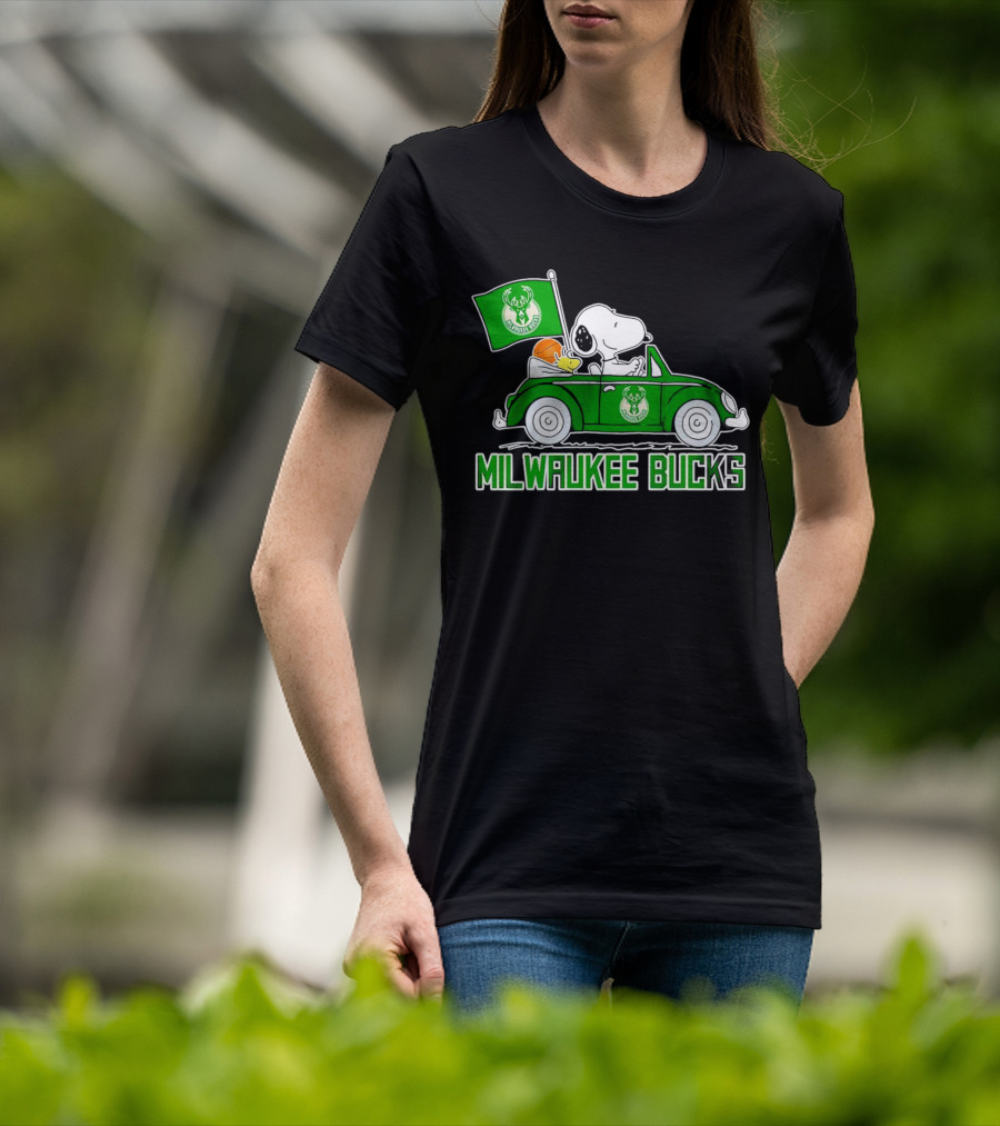 Milwaukee Bucks Snoopy Driving Car With Basketball And Team Flag T-Shirt
