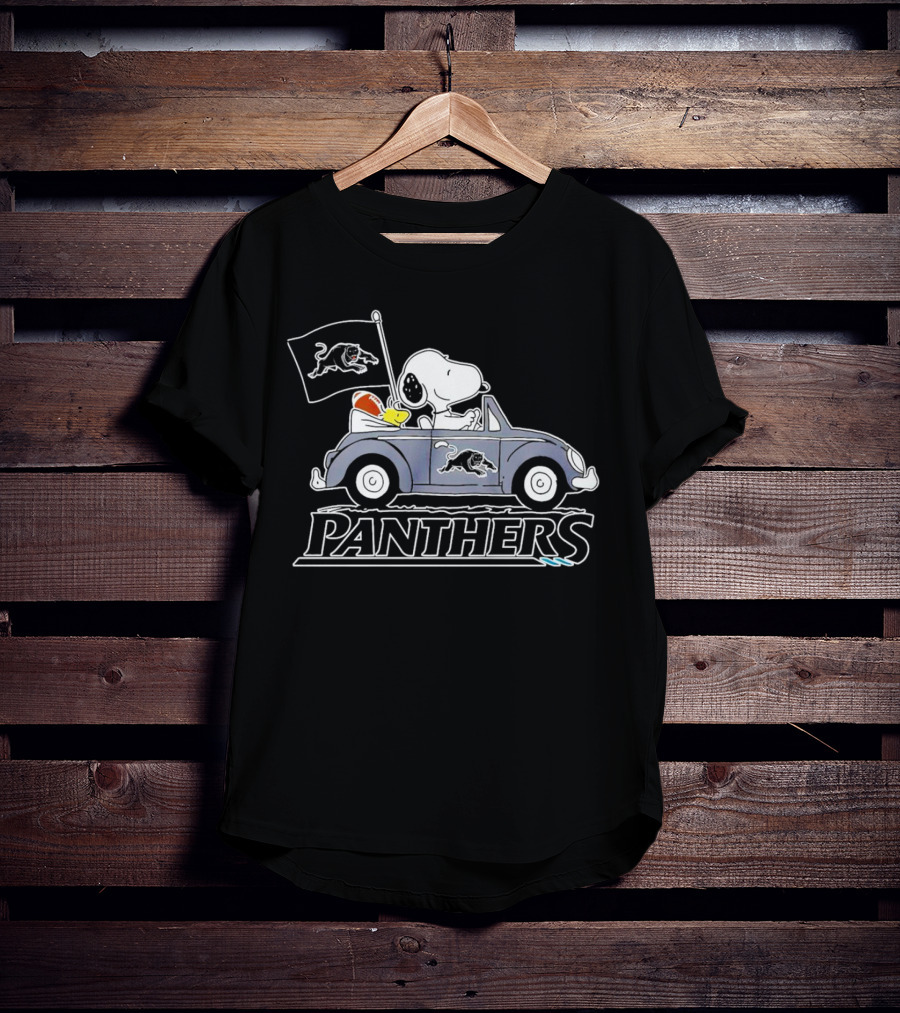 Snoopy Driving Volkswagen With Panthers Football Flag Peanuts T-Shirt