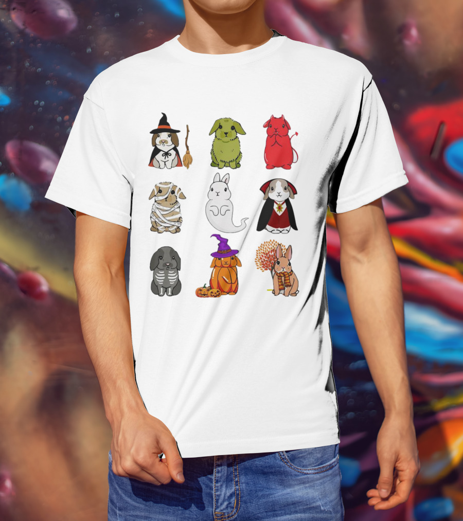 Bunny Witch Mummy Ghost Vampire Skeleton Pumpkin Bat Cute Halloween T-Shirt