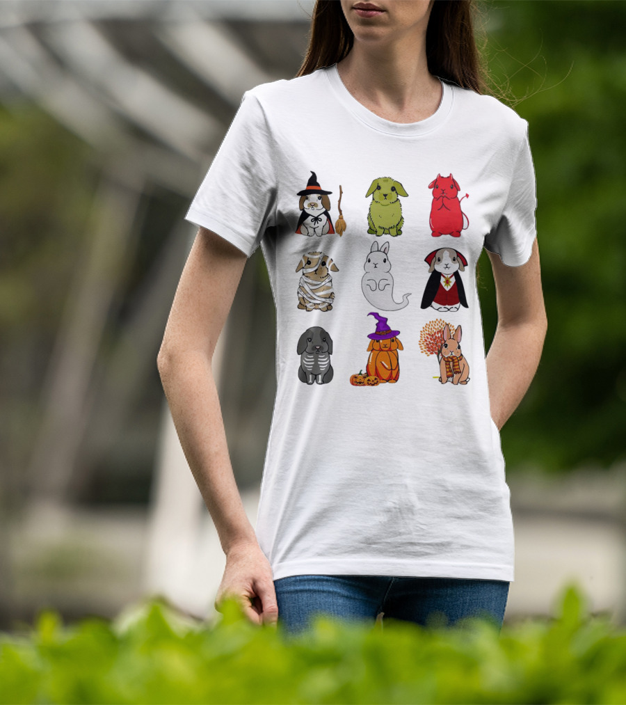 Bunny Witch Mummy Ghost Vampire Skeleton Pumpkin Bat Cute Halloween T-Shirt