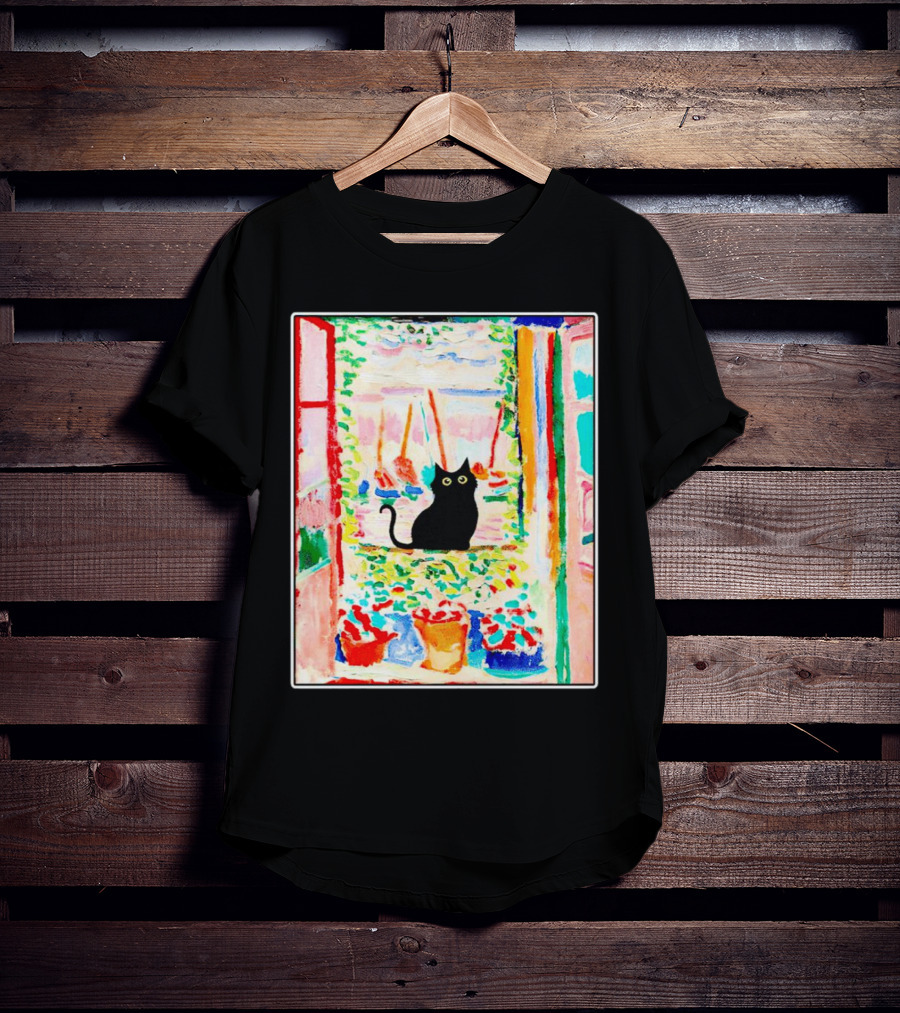 Black Cat In Vibrant Open Window Scene With Colorful T-Shirt