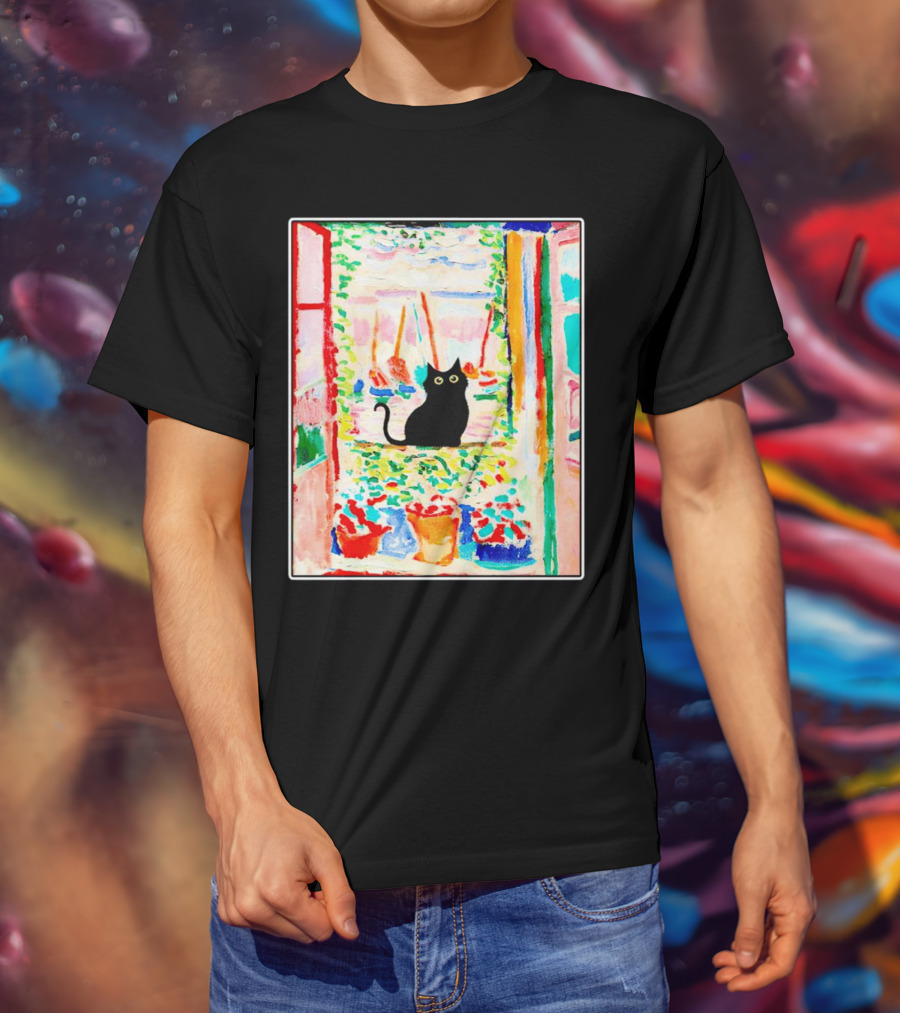Black Cat In Vibrant Open Window Scene With Colorful T-Shirt