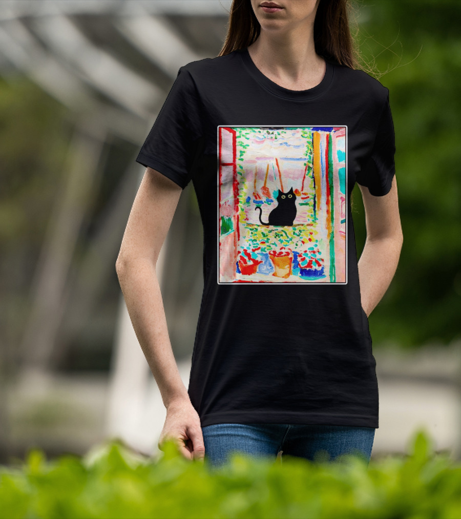Black Cat In Vibrant Open Window Scene With Colorful T-Shirt