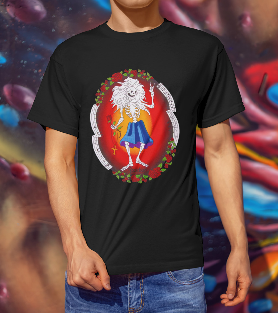 Skeleton Holding Rose With Ankh Surrounded By Roses Halloween Rosebud T-Shirt
