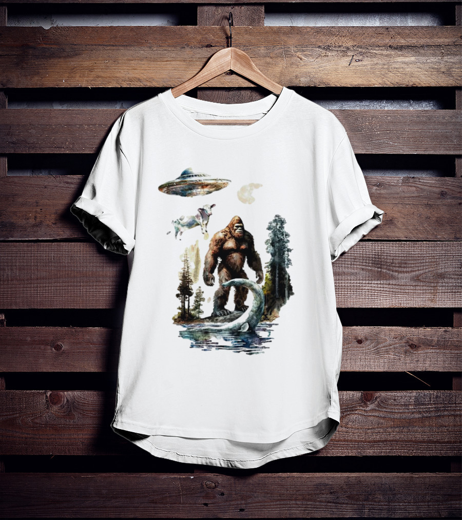 UFO Bigfoot Sasquatch Loch Ness Monster Alien Forest Scene T-Shirt
