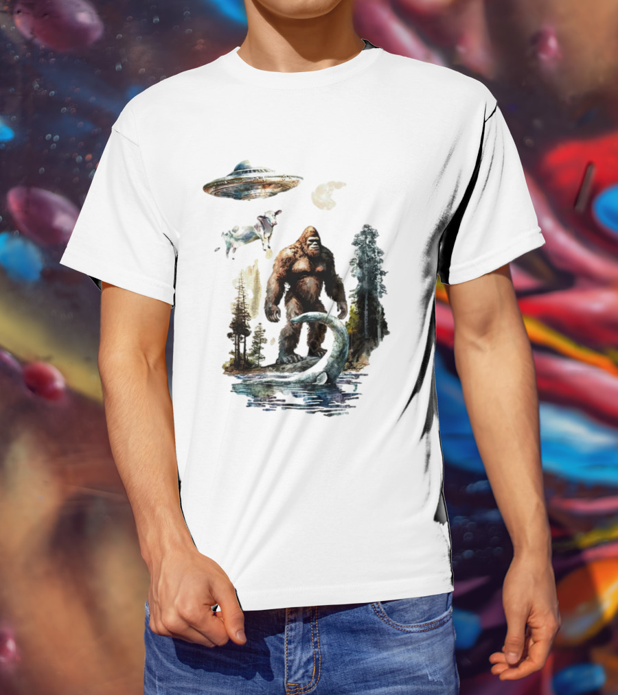 UFO Bigfoot Sasquatch Loch Ness Monster Alien Forest Scene T-Shirt