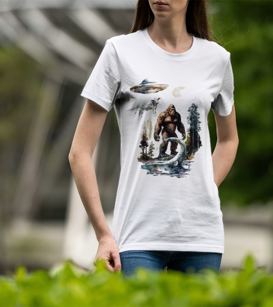 UFO Bigfoot Sasquatch Loch Ness Monster Alien Forest Scene T-Shirt