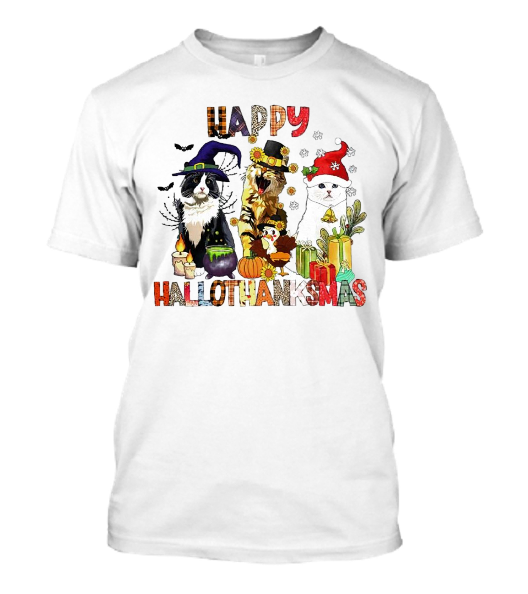 Happy Hallothanksmas Cats In Witch, Pilgrim, And Santa Hats With Pumpkins Presents And Cauldron T-Shirt