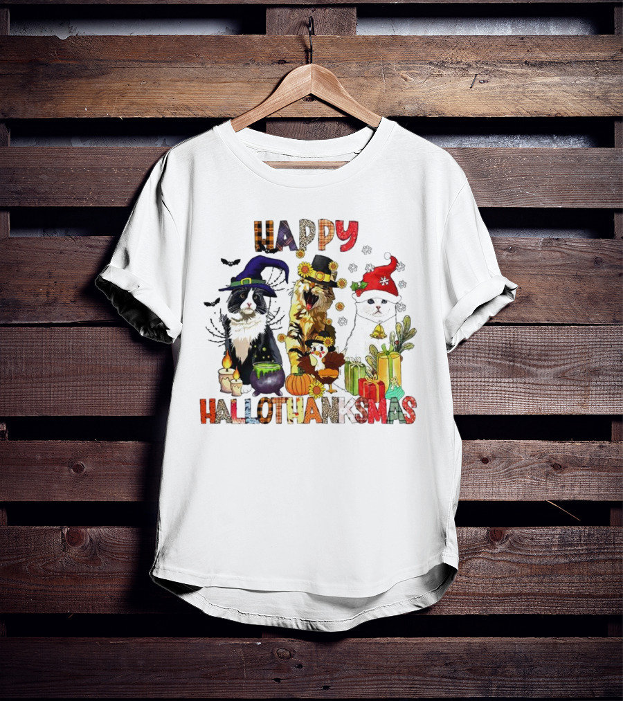 Happy Hallothanksmas Cats In Witch, Pilgrim, And Santa Hats With Pumpkins Presents And Cauldron T-Shirt