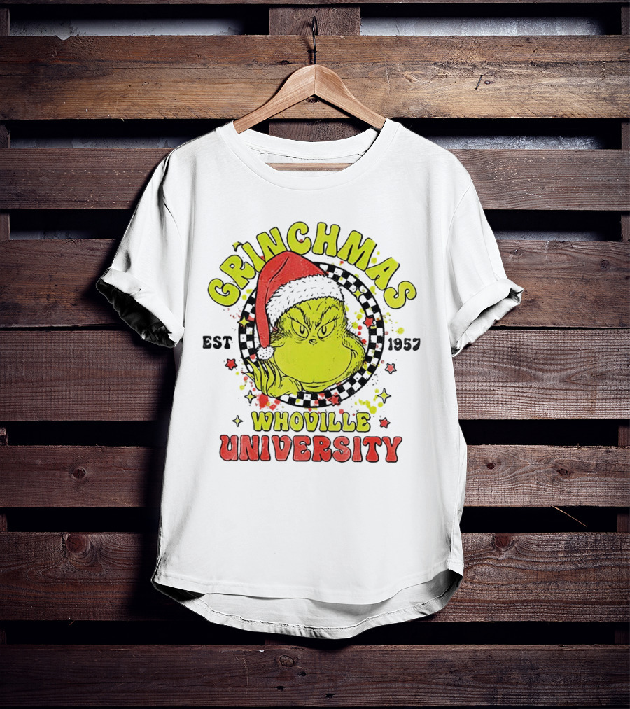 Grinchmas Whoville University Est 1957 Christmas Grinch Santa Hat T-Shirt