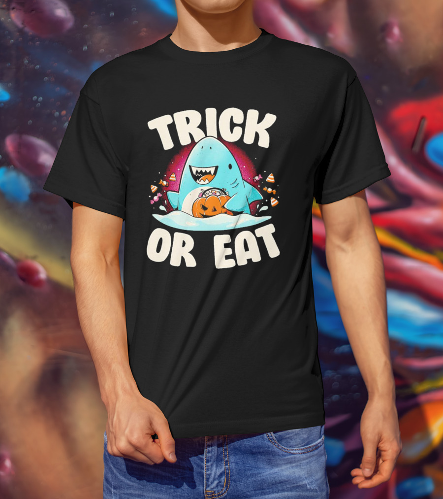 Trick Or Eat Shark Halloween Pumpkin Candy T-Shirt