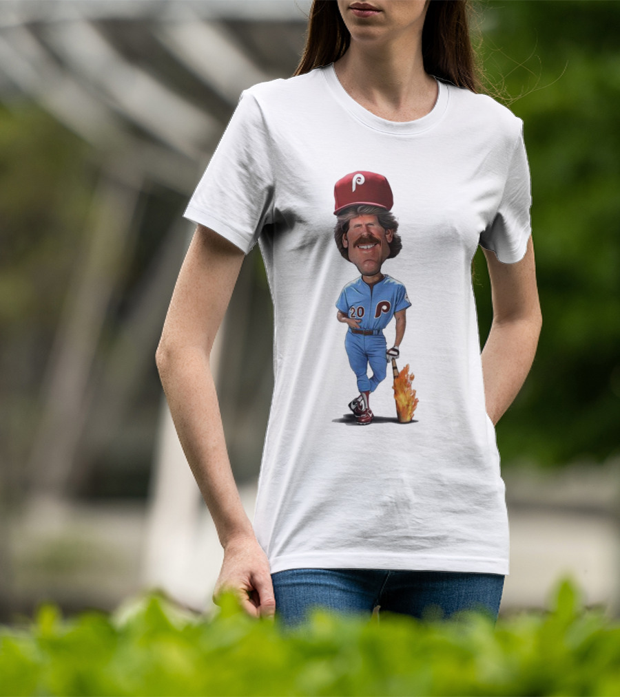 Mike Schmidt Number 20 Philadelphia Phillies Caricature With Flaming Bat T-Shirt